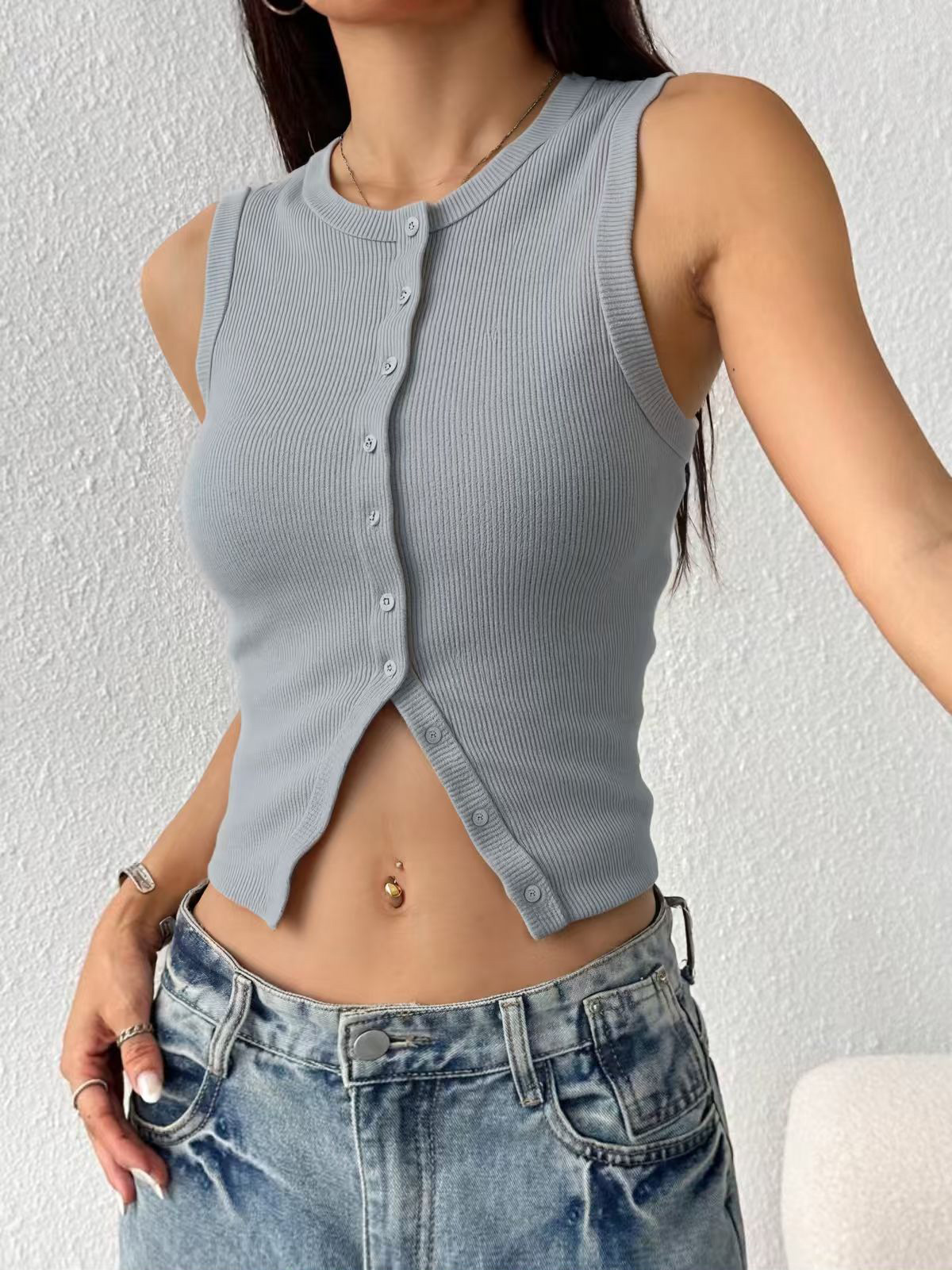 レディース リブニット ノースリーブ タンクトップ ラウンド - Tank Top Ribbed のレビューと価格